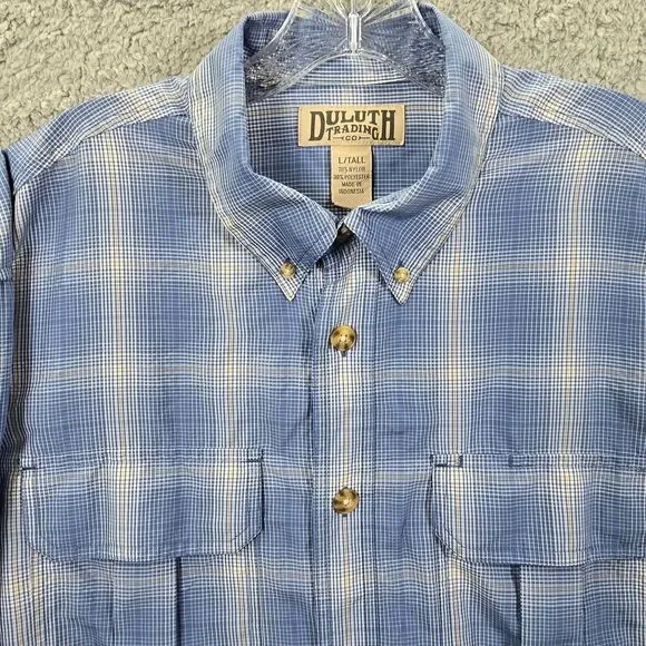 Duluth Trading Co Men's Blue Plaid Long Sleeve Button Up Roll Tab Size L Tall - Picture 2 of 10